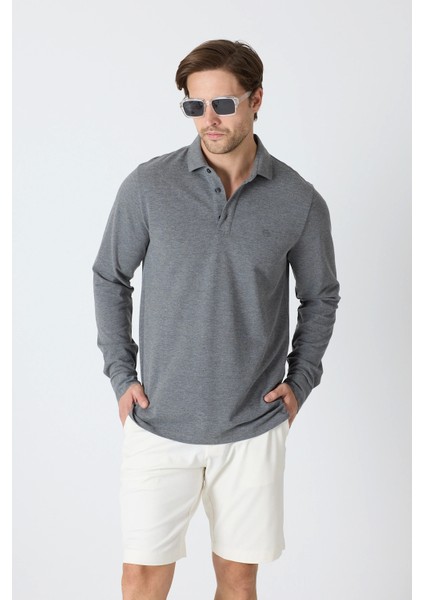 Erkek Uzun Kollu Polo Yaka Comfort Sweatshirt - Antrasit Gri