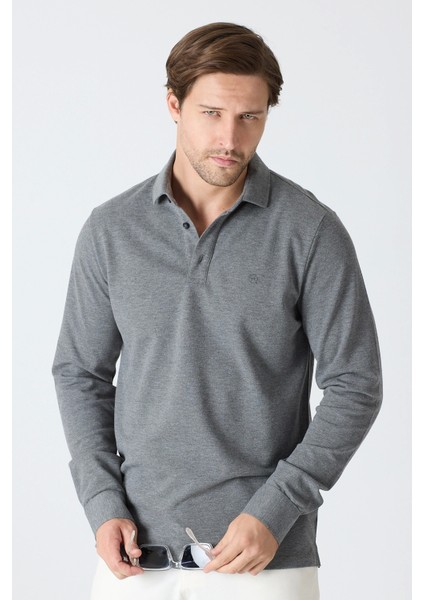 Erkek Uzun Kollu Polo Yaka Comfort Sweatshirt - Antrasit Gri