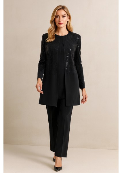 1245 Önü ve Kolları Taşlı Pantolon Beli Yarım Lastikli 3 Lü Şık Takım Qks Şık Takım #24-02@