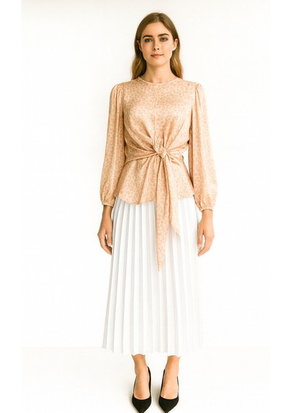 1010 Şık Bluz Çiçek Desenli Beli Büzgülü Bluz Qys Bluz #24-053