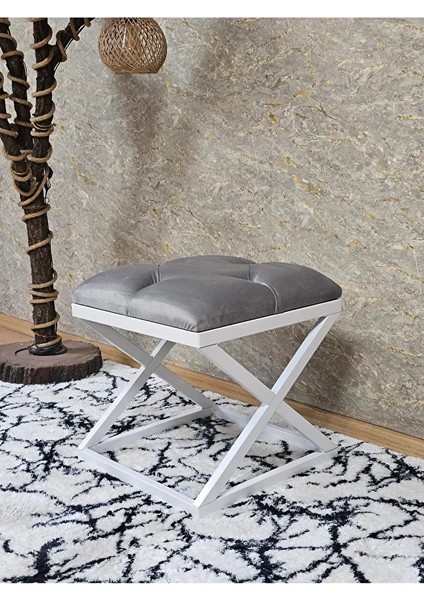 Beyaz Boyalı 45 cm x 45 cm Çaprazlı Puf Bench Oturak Gri Renk 45 x 45 Boyut/ebat