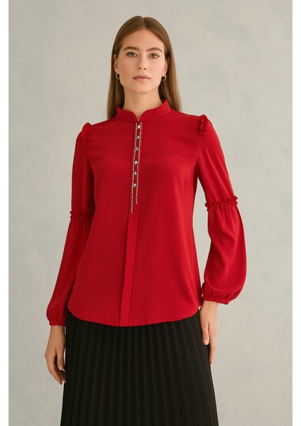 1040 Gömlek Önü Taş Detaylı Ömzu Vel Kolu Fırfır Kol Ucu Lastikli Hakim Yaka Gömlek Qys Gömlek 1040 #23-04#