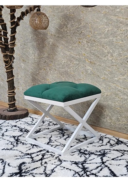 Beyaz Boyalı 45 cm x 45 cm Çaprazlı Puf Bench Oturak Yeşil Renk 45 x 45 Boyut/ebat