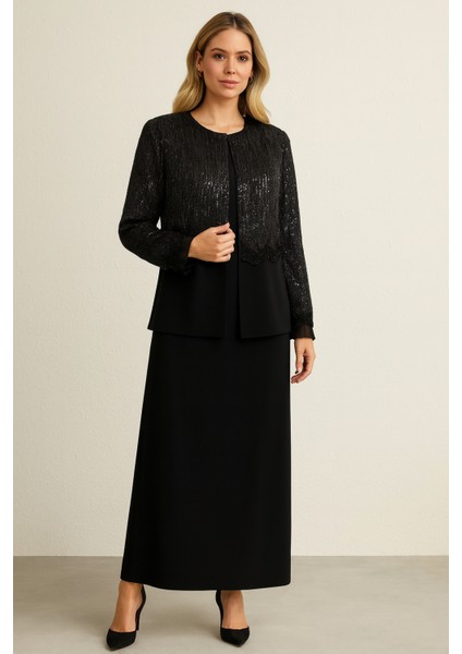 Y1191 Ceket Taş ve Pul Detaylı Kol Ucu Dantelli Piliseli Iç Elbise Sıfır Kol Ikili Şık Ceket Takım Qks Takım #274-02#