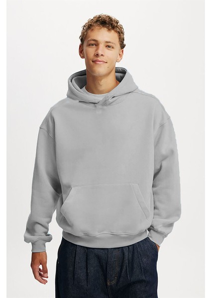 Boyalı Gri Kapüşonlu Kanguru Cep Erkek Sweatshirt E7169