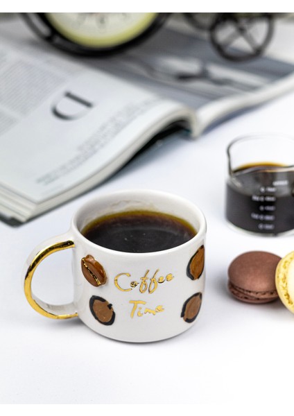 24K Altın Süslemeli Kahve Zamanı - Coffee Timetemalı El Yapımı Seramik Mug