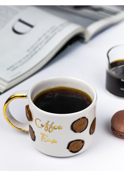 24K Altın Süslemeli Kahve Zamanı - Coffee Timetemalı El Yapımı Seramik Mug