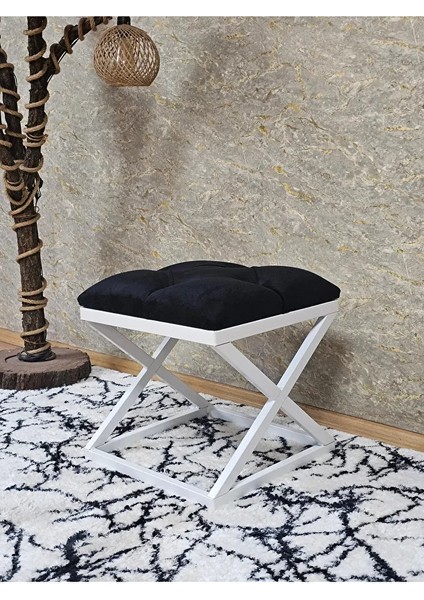 Beyaz Boyalı 45 cm x 45 cm Çaprazlı Puf Bench Oturak Siyah Renk 45 x 45 Boyut/ebat