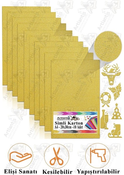Altın Sarı Simli Karton A4 20X30 cm 10 Lu 1 Paket Simli Fon Kartonu Parıltılı Kağıt Anasınıfı Kreş Etkinlik Proje
