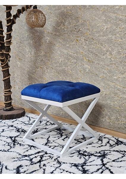 Beyaz Boyalı 45 cm x 45 cm Çaprazlı Puf Bench Oturak Mavi Renk 45 x 45 Boyut/ebat
