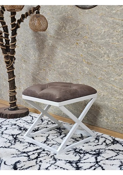 Beyaz Boyalı 45 cm x 45 cm Çaprazlı Puf Bench Oturak Kahverengi Renk 45 x 45 Boyut/ebat