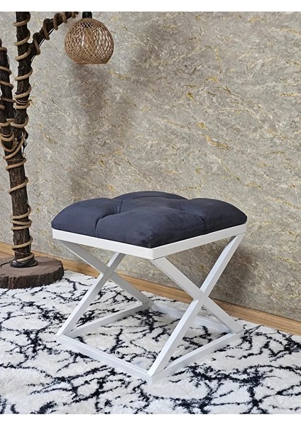 Beyaz Boyalı 45 cm x 45 cm Çaprazlı Puf Bench Oturak Füme Renk 45 x 45 Boyut/ebat