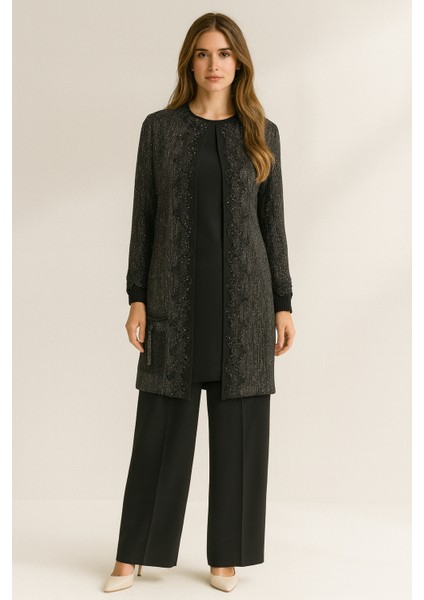 Y1190 Önü ve Kol Ucu Dantel Detaylı Kol Ucu Piliseli Kendinden Pul Detaylı Şık Takım 3 Lü Takım Qks 1190 Taloö