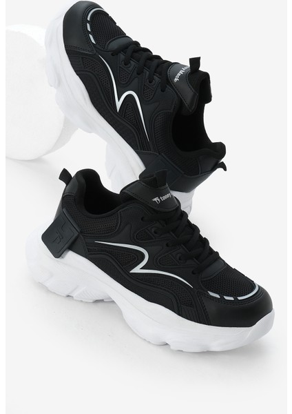 Kadın Siyah Beyaz Yüksek Eva Faylon Taban Nefes Alabilen Kumaş Desenli Bağcıklı Spor Ayakkabı