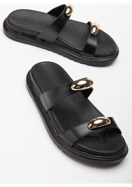 Kadın Siyah Çift Bantlı Toka Detaylı Terlik