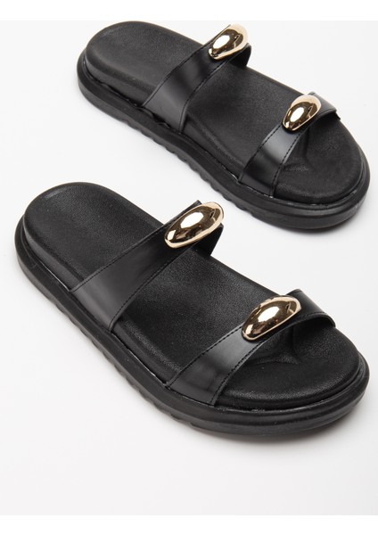 Kadın Siyah Çift Bantlı Toka Detaylı Terlik modelleri