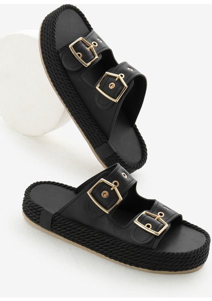 Kadın Siyah Halat Detaylı Yüksek Taban Çift Tokalı Terlik