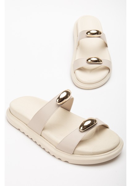 Kadın Bej Çift Bantlı Toka Detaylı Terlik