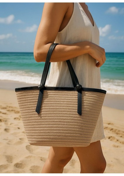 Kadın Plaj Çantası Modern Hasır Tasarım Siyah Bağlama Detaylı Yaz Koleksiyonu