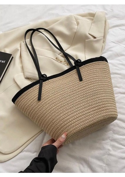 Kadın Plaj Çantası Modern Hasır Tasarım Siyah Bağlama Detaylı Yaz Koleksiyonu fiyatları