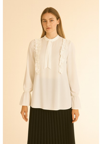 1052 Yakası Flarlı Önü Fırfır Detaylı Kol Ucu Lastikli Hakim Yaka Büyük Beden Gömlek Qys Gömlek 1052 #23-04#