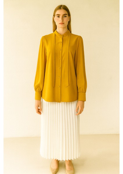 1020 Yakası Flarlı Önden Düğmlei Balon Kol Gömlek Qys Gömlek 1020 #23-043