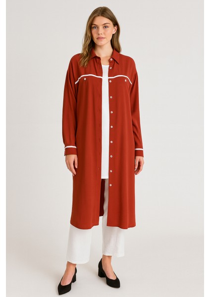 126 Önü Düğmeli Göğüs Bölgesi Çizgi Detaylı Gömlek Tunik 3 Lü Takım Gömlek Yaka Qys Takım #23-03#