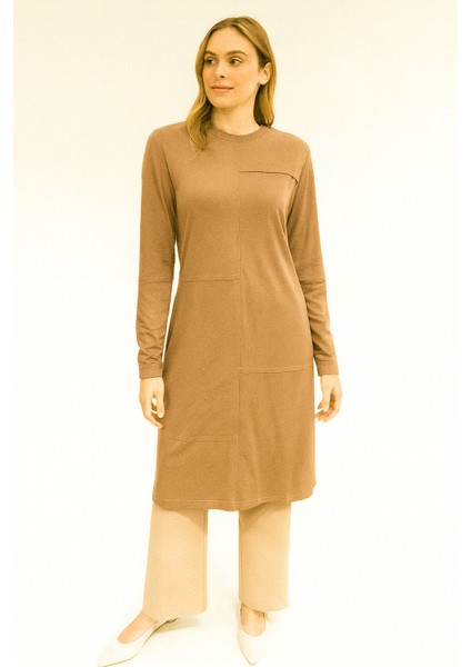 1032 Sıfır Yaka Önü Dikiş Detaylı Çizgi Görünümlü Iki Iplik Günlük Tunik #05-25#