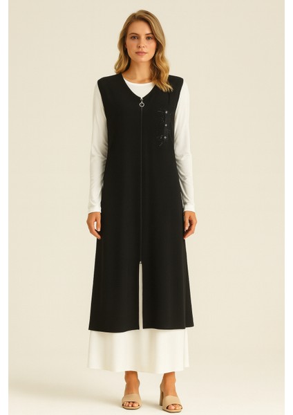 5299 Yanları Taş ve Zımba Detaylı Önü Fermuarlı Büyük Beden Yelek Qys Yelek 5299 #23-06#