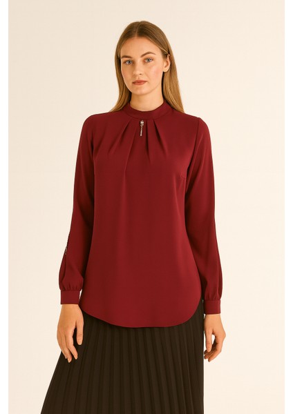 1054 Yakası ve Kolları Taş Detaylı Kol Ucu Düğmeli Fermuarlı Gömlek Qys Gömlek 1054 #23-04#