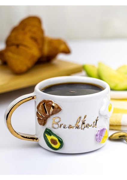24K Altın Süslemeli Kahvaltı - Breakfast Temalı El Yapımı Seramik Mug