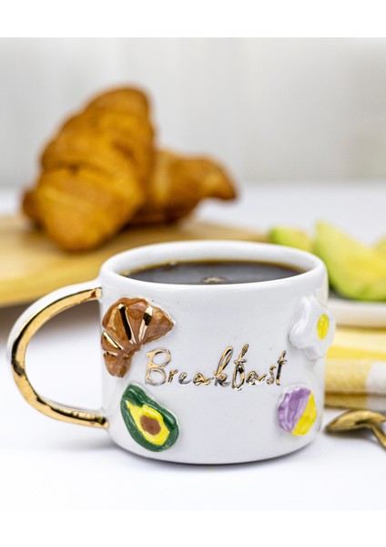 24K Altın Süslemeli Kahvaltı - Breakfast Temalı El Yapımı Seramik Mug fiyatları