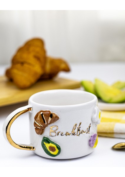 24K Altın Süslemeli Kahvaltı - Breakfast Temalı El Yapımı Seramik Mug modelleri