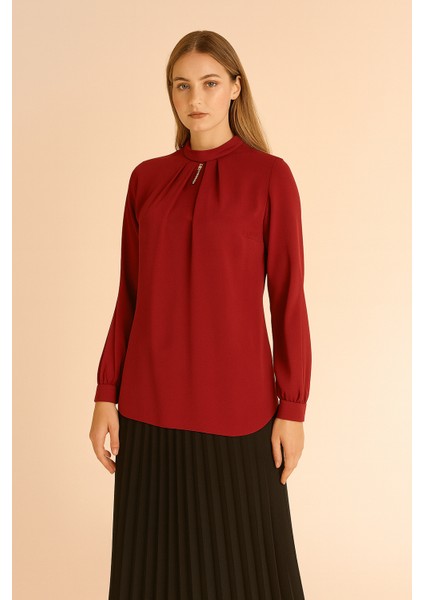 1054 Yakası ve Kolları Taş Detaylı Kol Ucu Düğmeli Fermuarlı Gömlek Qys Gömlek 1054 #23-04#