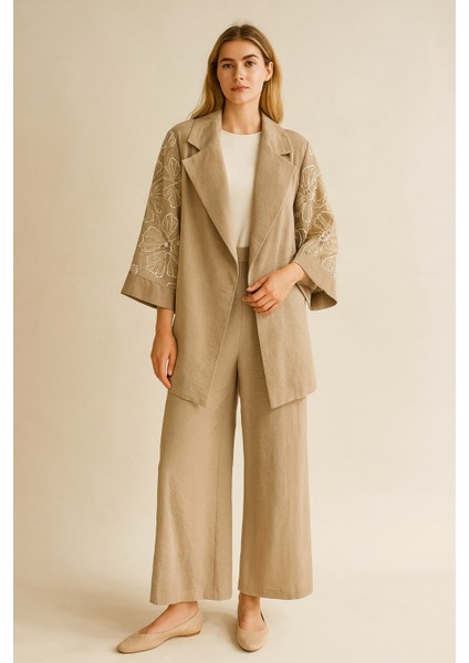 44802 Kolları Çiçek Detaylı Tüllü Boncuklu Önü Krauze Yaka Kimono Tarzı Pantolonlu Şık Takım #03-25#