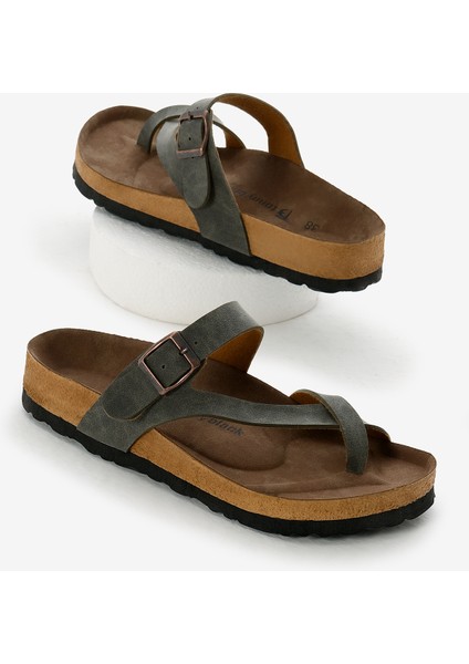 Kadın Haki Rahat Kalıp Poli Taban Çapraz Model Nubuk Parmak Arası Terlik