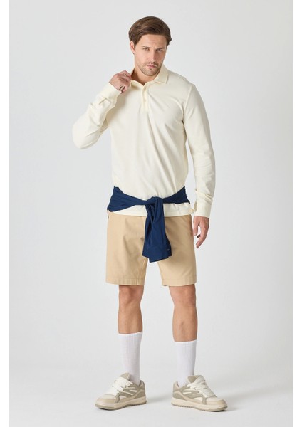 Erkek Uzun Kollu Polo Yaka Comfort Sweatshirt - Ekru