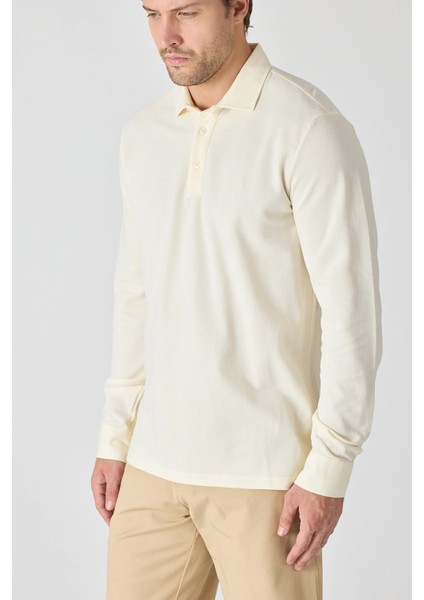 Erkek Uzun Kollu Polo Yaka Comfort Sweatshirt - Ekru