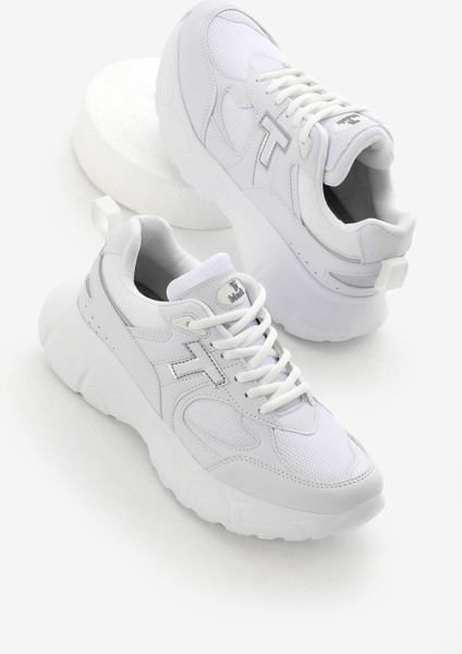 Unisex Beyaz Yüksek Faylon Taban Nefes Alabilen Kumaş Bağcıklı Spor Ayakkabı