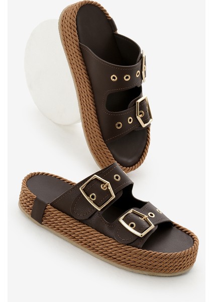 Kadın Kahve Halat Detaylı Yüksek Taban Çift Tokalı Terlik