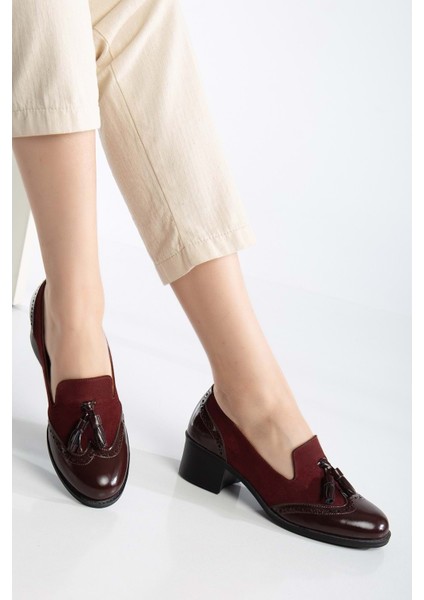Kadın Hakiki Deri Püskül Detaylı Şık Ayakkabı - Bordo Rugan