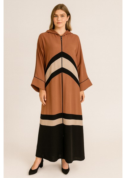 10027 Kapüşonl Önden Fermuarlı Şerit Detaylı Abaya Ferace Qys Abaya Ferace 10027 #23-04#