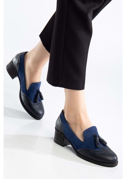 Kadın Hakiki Deri Püskül Detaylı Şık Ayakkabı - Lacivert