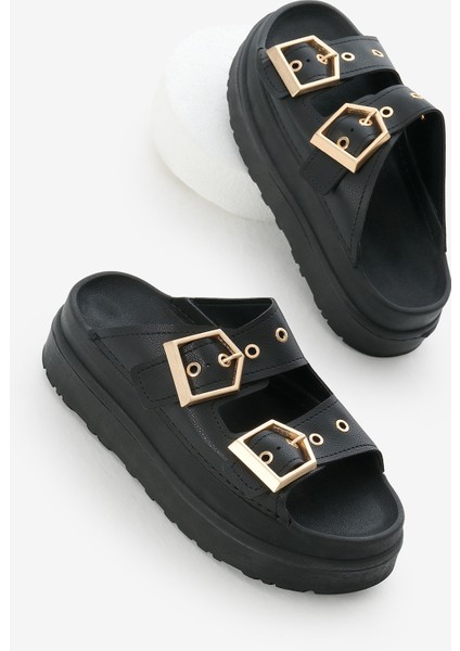 Kadın Siyah Yüksek Poli Taban Çift Bantlı Tokalı Terlik