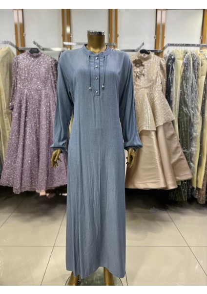 1042 Hakim Yaka Önü Göğüse Kadar Düğmeli Kol Ucu Lastikli Yakası Ip Detaylı Günlük Düz Renk Elbise #05-25#