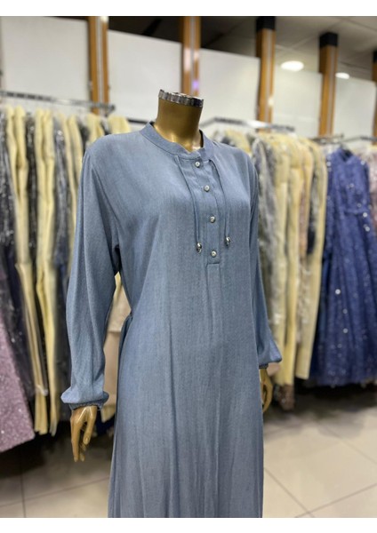 1042 Hakim Yaka Önü Göğüse Kadar Düğmeli Kol Ucu Lastikli Yakası Ip Detaylı Günlük Düz Renk Elbise #05-25# fiyatları