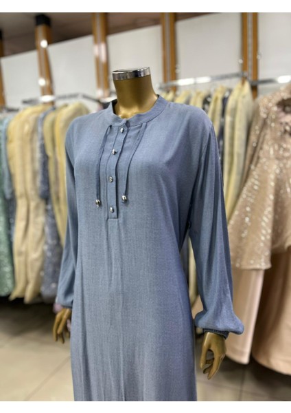 1042 Hakim Yaka Önü Göğüse Kadar Düğmeli Kol Ucu Lastikli Yakası Ip Detaylı Günlük Düz Renk Elbise #05-25# modelleri