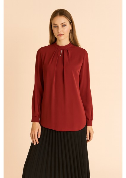 1054 Yakası ve Kolları Taş Detaylı Kol Ucu Düğmeli Fermuarlı Gömlek Qys Gömlek 1054 #23-04#