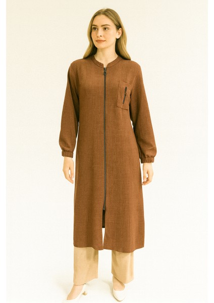 989 Önden Fermuarlı Kol Ucu Lastikli Cep Detaylı Keten Kap #04-25#