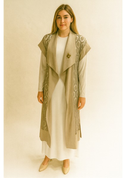 44401 Yakası Mendil Detaylı Önü Örgü Işlemeli Yelek #03-25#